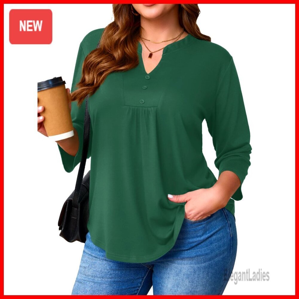 Plus Size 3/4 Sleeve V Neck Tunic Blouse Loose Fit Business Casual Top